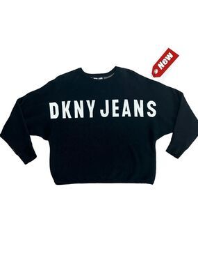 DKNY JEANS black white logo crew neck long web sleeve sweater Sz L NWT